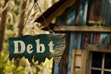sign with word “Debt”, household debt and consumption continue to increase, recession and crisis concept