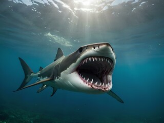 Fototapeta premium Sharks with open jaws underwater, sharks with teeth. Generative AI