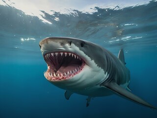 Naklejka premium Sharks with open jaws underwater, sharks with teeth. Generative AI