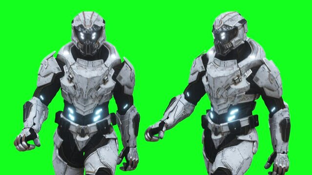 Military futuristic cyborg, robot. Realistic 4k green screen animation.