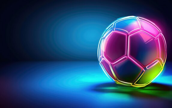 Abstract glowing neon colored soccer ball over blue background, space for text.