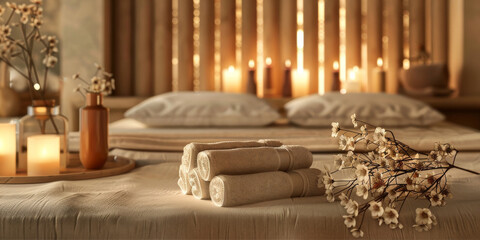 interior of a room spa with candles and towels ,salon room