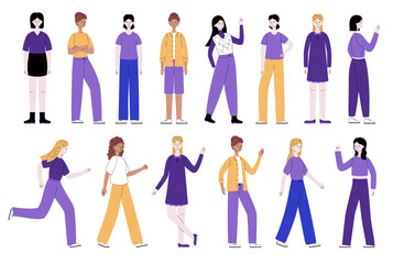 Women are standing in various postures. Collection of female casual characters. Vector illustration in modern flat style