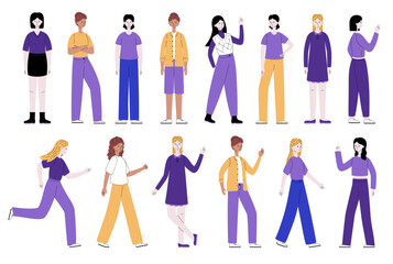 Women are standing in various postures. Collection of female casual characters. Vector illustration in modern flat style