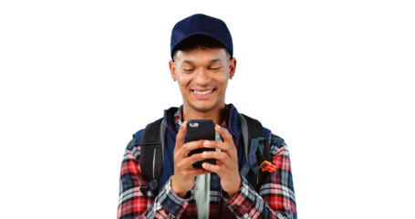 Hiking, smile and man typing on smartphone, internet or scroll isolated on a transparent png background. Person, trekking and cellphone for social media, tech and mobile app for travel on adventure