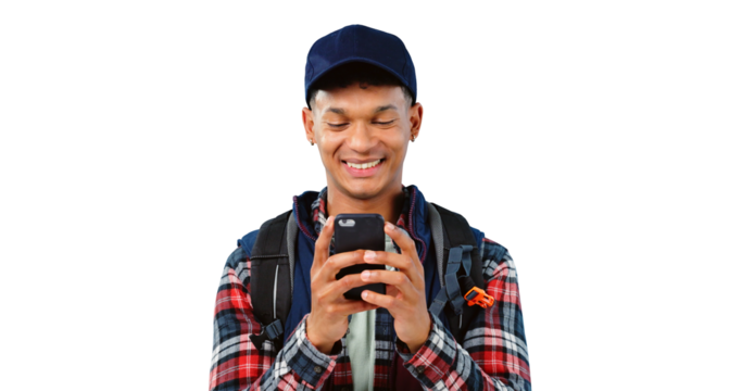 Hiking, smile and man typing on smartphone, internet or scroll isolated on a transparent png background. Person, trekking and cellphone for social media, tech and mobile app for travel on adventure