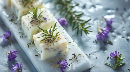 Fototapeta na wymiar a close up of a piece of food on a plate with purple flowers on the side and a sprig of rosemary on the side.