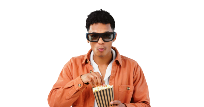 Eating, 3d or man with popcorn for movie with snack for watching tv or film with streaming technology. Video, transparent png background or person in modern glasses for cinema or fun show in theatre