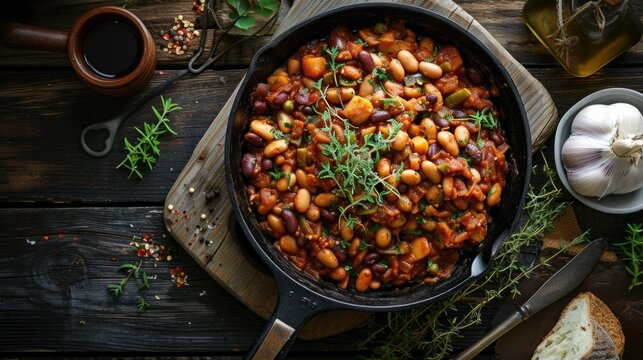 This image shows a cast iron pan on a wooden surface filled with a savory bean stew, bursting with a variety of beans and possibly tomatoes, garnished with fresh herbs. Accompaniments include slices o