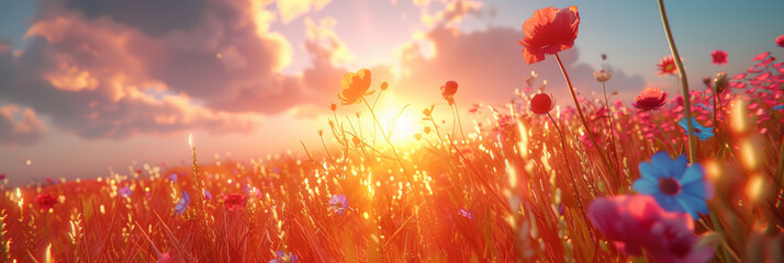 colorful flower field at sunrise or sunset, Flowers blooming in a beautiful meadow landscape background