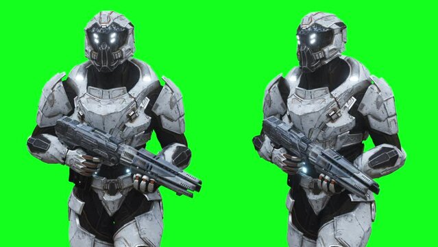 Military futuristic cyborg, robot. Realistic 4k green screen animation.