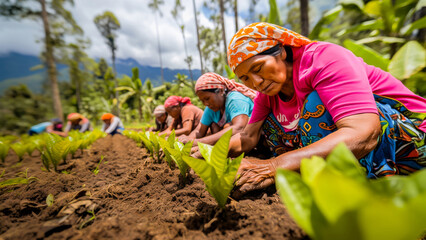 A group of women in traditional clothing planting crops together in a rural agricultural setting.