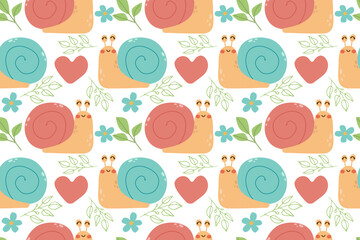 Cute snail. Seamless pattern with a snail. Vector children's illustration for interior decoration, designing children's clothes, applying to fabric, paper.