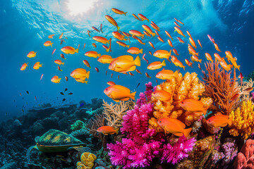 Fototapeta na wymiar Vibrant underwater scene with a school of orange fish swimming near colorful corals in a tropical sea.