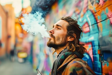 Young man exhaling vapor from an e-cigarette against a vibrant graffiti wall, showcasing urban...