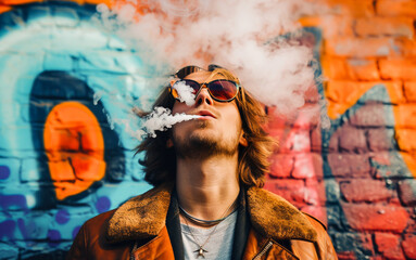 Obraz premium A stylish man smoking in front of a vibrant graffiti wall, showcasing urban street fashion and a relaxed attitude.