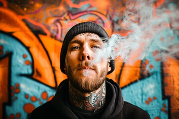 Tattooed man exhaling smoke with colorful graffiti background. Urban lifestyle, trendy individual with facial piercings and intense gaze.