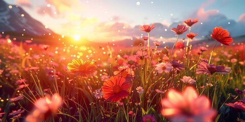 colorful flower field at sunrise or sunset, Flowers blooming in a beautiful meadow landscape background - obrazy, fototapety, plakaty
