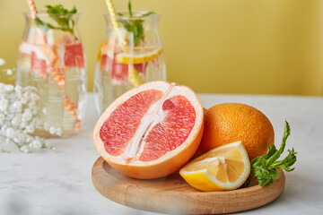 Citrus fruits for summer detox diet water. Low alcohol, zero proof drinks, carbonated vitaminized...