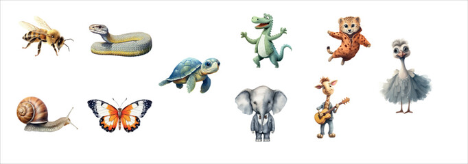 Collection of Ten Diverse Animals Including a Bee, Snake, Sea Turtle, Dinosaur, Snail, Butterfly, Elephant, Giraffe, Leopard Cub