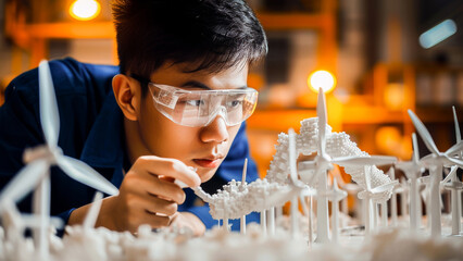 Young engineer concentrating on creating a highly detailed model of wind turbines for a renewable energy project.