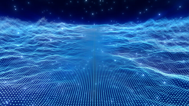 Abstract glowing digital cyberspace of waves, particles and dots moves on a dark blue background. big data visualization, futuristic and technological illustration.