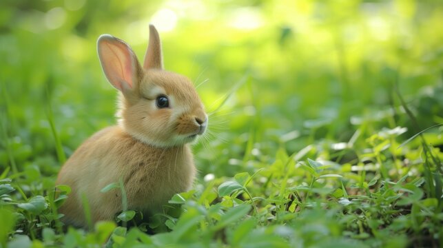 a rabbit is sitting in the grass and looking at the camera with a curious look on it's face.