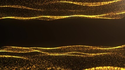 Abstract luxurious, premium sparkling golden waves of particles slowly floating in cyberspace illuminated by rays of soft light. Dark brown elegant background for business, presentations, ceremonies.