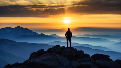 A lonely figure of a man standing on a high mountain. Man watching the sunset sky and misty mountains, concept of victory, climbing to the top.
