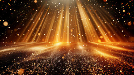 empty room with Golden lights rays scene with glitter background