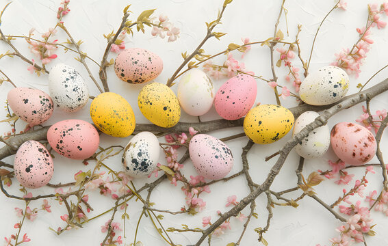 Springtime Easter Celebration: Colorful Eggs Amidst Blossoming Cherry Flowers on a Serene White Backdrop