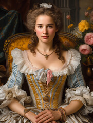 Composed and confident. Medieval people royalty persons in vintage clothing Concept of eras, modernity and renaissance, baroque style. Beautiful girl wearing a baroque dress inside a baroque castle 