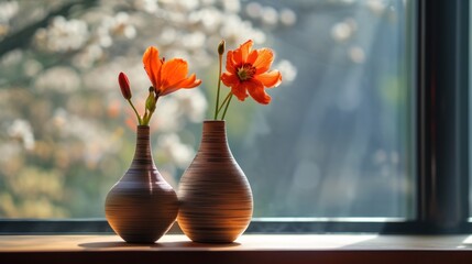 a couple of vases sitting on top of a window sill next to a vase with flowers in it.