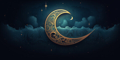 Obraz na płótnie Canvas night cloudy sky with shining moon and oriental ornament, ramadan background