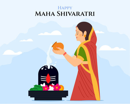Indian women performing Maha Shivaratri Lord shiva puja Hindi festival vector illustration