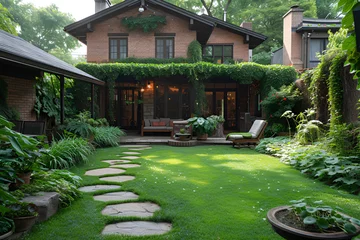 Gordijnen Landscape design with flower beds in home garden, beautiful landscaping in residential house backyard. © Iryna