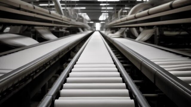 conveyor belt carries freshly woven fabric across the factory floor. The fabric is piled up into neat stacks as workers call out instructions to the other side.
