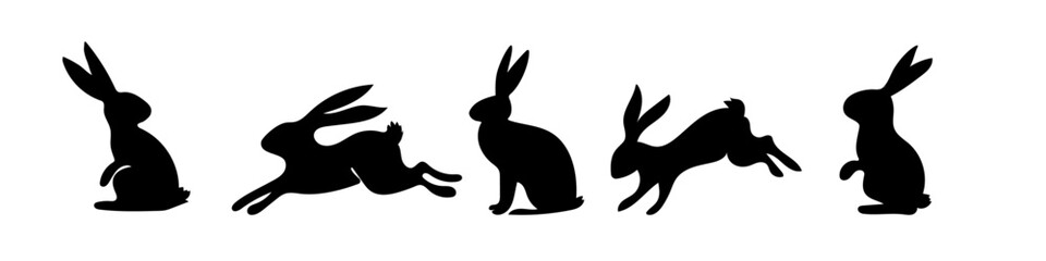 Silhouette of the easter bunny, rabbits, hares. Egg hunt easter border. Vector icons set. 