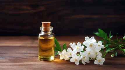 Fototapeta na wymiar Essential oil with jasmine flowers on a wooden background