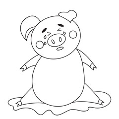 Vector cute cartoon pig sitting and cry isolated on white. Outline coloring book page design. Farm animal character. Clipart piggy illustration.