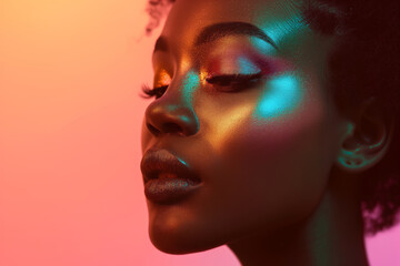close-up of african american woman with shiny natural make-up, neon lights