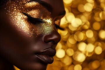 close-up of african american woman with golden glitter make-up on the golden background with copy space