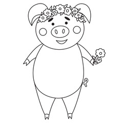 Vector cute cartoon pig with flowers isolated on white. Outline coloring book page design. Farm animal character. Clipart piggy illustration