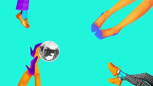 Modern animation. Stop motion. Female and male legs in vintage color clothes kicking disco ball. Bright comics style design. Concept of art, disco, party, retro fashion, happy and fun.