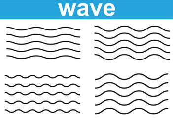 Sea wave icon set. Set of thin line waves. Various wave water lake river. Water logo, line ocean symbol in vector flat style. Seamless abstract line pattern. Water outline symbol. vector wave. - obrazy, fototapety, plakaty