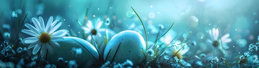 easter eggs in grass with flowers, in the style of light teal and dark blue, surprisingly absurd, eye-catching, vibrant, captivating - obrazy, fototapety, plakaty