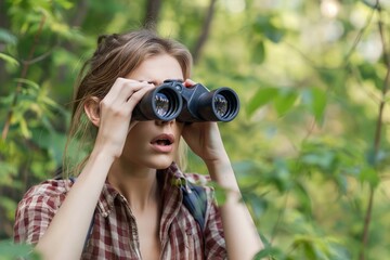 Beautiful blonde haired woman with a surprised face, looking through binoculars against nature background