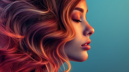 Brunette girl with long and curly hair. Beautiful redheaded model woman