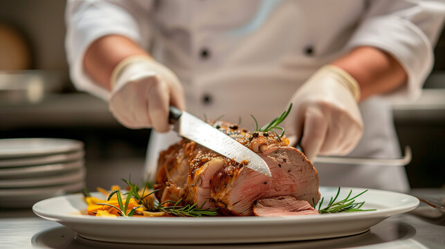 Chef cutting roasted pork with a knife on a white plate.