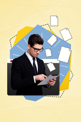 Vertical collage creative poster illustration handsome busy serious young man read file documents exclusive draw sketch colorful banner